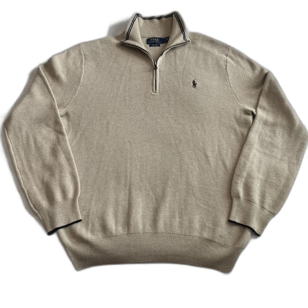 Polo Ralph Lauren 1/4 Zip Pima Cotton Knit Pullover Sweater Large Tan Pony Golf